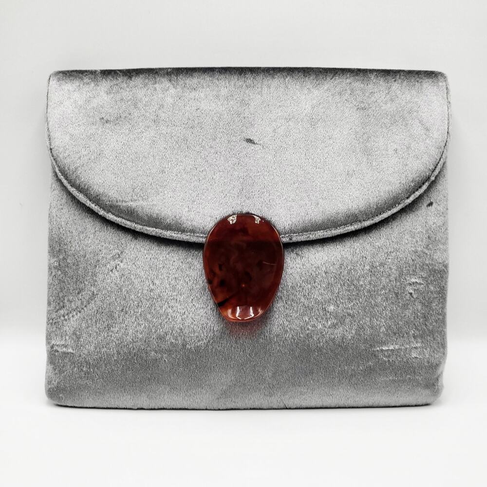 Vtg Crown Lewis Silver Velvet Envelope Clutch Tortoiseshell Gold Chain Strap